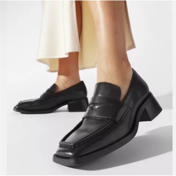 Vagabond Shoes - VAGABOND | Blanca Black Leather Block Heel Penny Loafer Square Toe Size EU40